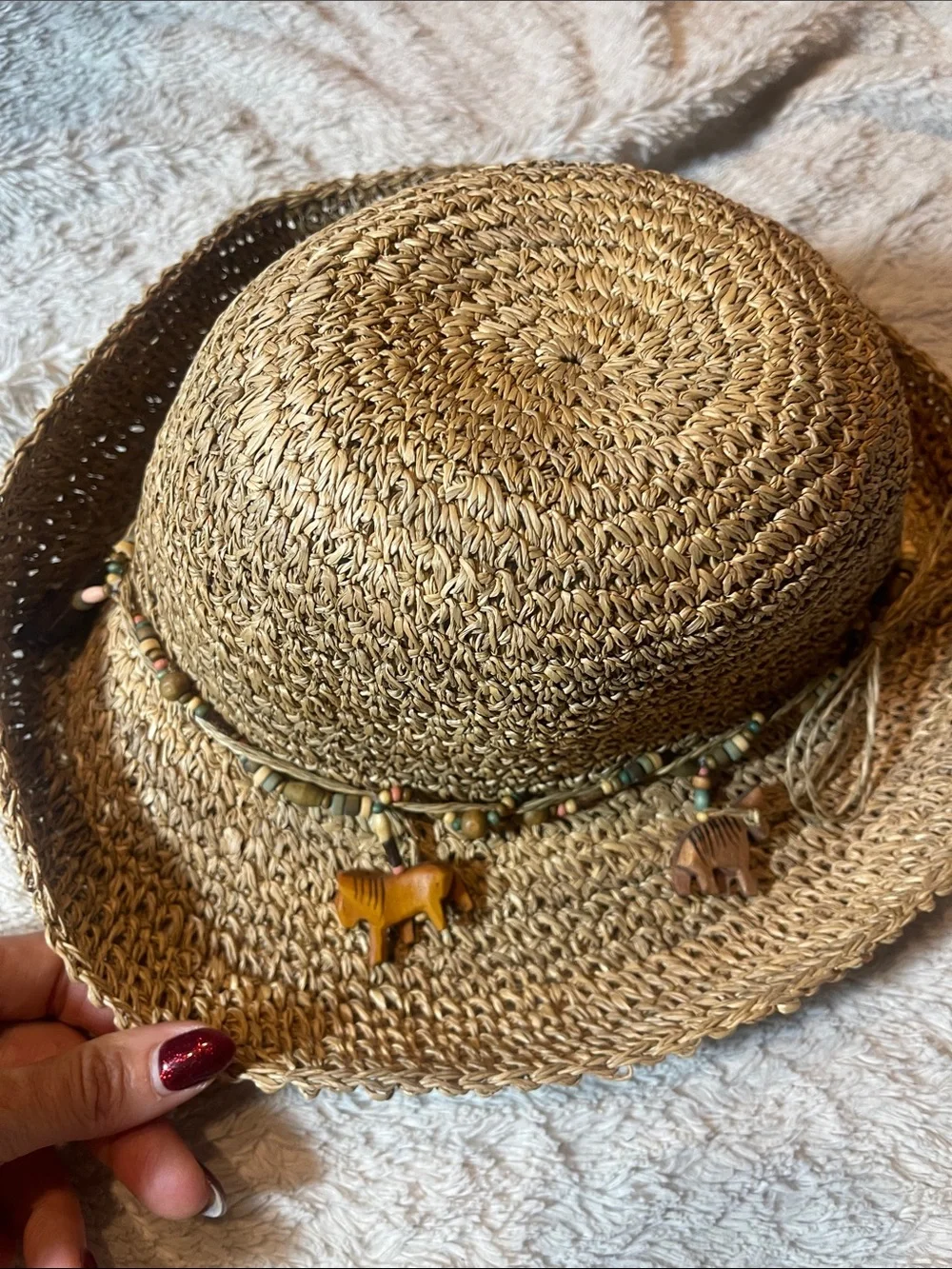 Woven Straw Sun Hat with Bead & Animal Charm Trim - Natural